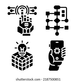 artificial intelligence icons set = robotic arm, algorithm, cube, smartphone. Perfect for website mobile app, app icons, presentation, illustration and any other projects