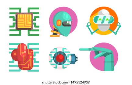 Artificial Intelligence Icons Set, Robotics and Technology Symbols Vector Illustration
