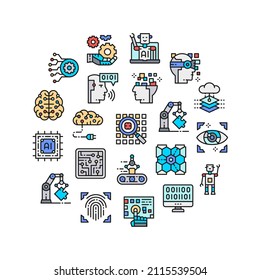 Artificial Intelligence icons set. Robotics, Chatbot, Database, Big Data Icons banner in a circle isolated on white background.