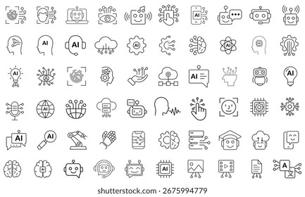 Icono de inteligencia artificial establecido en estilo de contorno aislado sobre fondo blanco. Iconos de aire en estilo de línea. Iconos de contorno de tecnología inteligente. ai, artificial, inteligencia, chatboat, automático, artificial