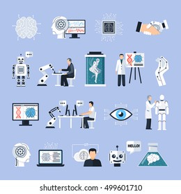 Ícones de inteligência artificial definidos com símbolos de tecnologia ilustração vetorial isolada plana