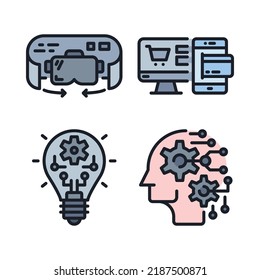 artificial intelligence icons set = virtual reality, ecommerce, idea innovation, brain robot. Perfect for website mobile app, app icons, presentation, illustration and any other projects