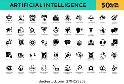 Ícones de inteligência artificial definidos com realidade virtual, personagens virtuais baseados, design de jogo vr, experiências imersivas, realidade aumentada, ícone de modelagem 3D. Vetor de glifo simples 
