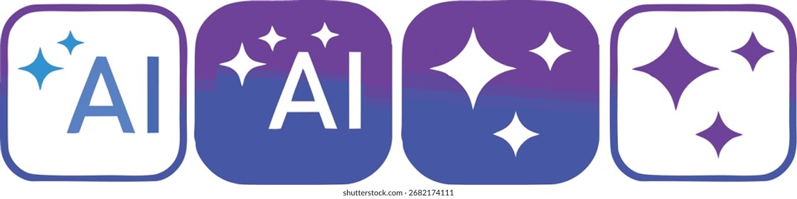 Artificial intelligence icons with sparkling star symbols in gradient blue and purple design, representing AI technology, innovation, creativity, digital future, and smart solutions	
