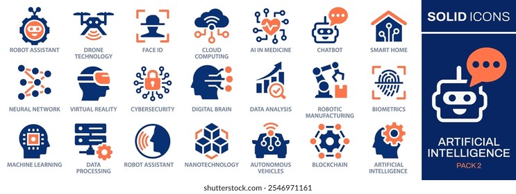 Iconos de inteligencia artificial, como asistente de robot, aprendizaje automático, vehículos autónomos y más. Ilustración vectorial. Cambia fácilmente a cualquier color.