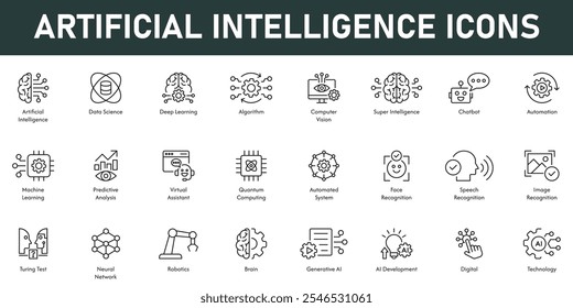 Artificial Intelligence Icons vector illustration with thin line editable stroke containing data science algorithm chatbot automation machine learning neural networks face image recognition