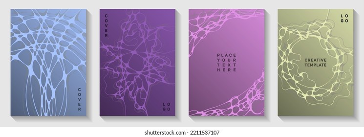 Artificial intelligence idea abstract vector covers. Marble curve lines weave textures. Vibrant banner vector layouts. Science fiction cover pages graphic design set.