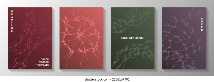 Artificial intelligence idea abstract vector covers. Doodle curve lines render backgrounds. Tracery magazine vector templates. Radiology cover pages graphic design set.