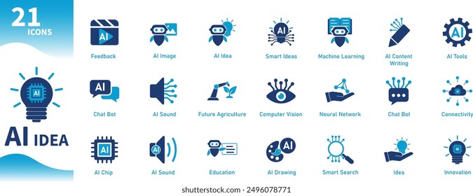 Artificial Intelligence Idea Icons. Set of flat icons on AI technology, neural networks, intelligence, innovation, light bulb, digital, robot, machine learning. Solid vector icon