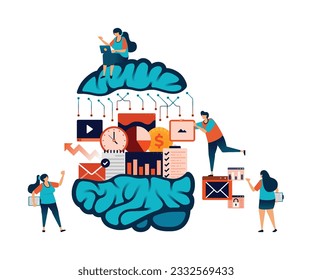 Artificial intelligence illustration of adding tasks and jobs for learning by AI tech programs in speeding up in handling and solving problems. Can be used for mobile app website web flyer poster ad