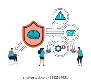 Artificial intelligence illustration of analyze and access networks secured by AI programs. Look for warning or bug alert errors using ai tech. Can be used for mobile app website web flyer poster ad