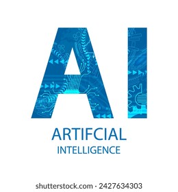 Artificial intelligence illustration with blue text AI on white background. vector illustration