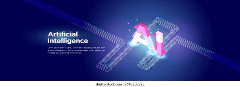 Ilustración de Inteligencia Artificial con letras de IA 3D en color rosa sobre un fondo futurista con líneas de neón, que simboliza la innovación, la tecnología moderna y los conceptos de transformación digital.