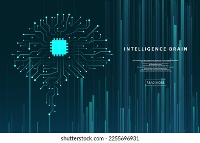 Artificial Intelligence illustration of brain. Artificial intelligence and machine learning concept. Abstract virtual digital stream. Graphic concept for your design