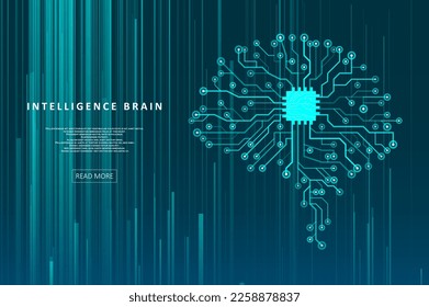 Artificial Intelligence illustration of brain. Artificial intelligence and machine learning concept. Abstract virtual digital stream. Graphic concept for your design