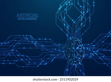 Ilustração de inteligência artificial do cérebro. Inteligência artificial e conceito de aprendizagem de máquina. Resumo do fluxo digital virtual. Conceito gráfico para seu design
