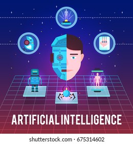 Artificial intelligence illustration with cyborg face hi-tech icons and robotic figures on stellar background vector illustration