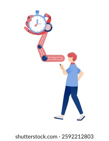 Artificial Intelligence Illustration with Cyborg Hand Holding Clock for Time Management and Event Scheduling Apps