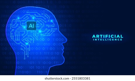 Ilustración de inteligencia artificial. Placa de circuito de chipset de contorno de cabeza humana de cerebro digital y concepto de aprendizaje automático. Código binario de computadora digital. Forma de la cabeza. Conceptos de transferencia de datos en internet.