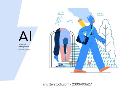 Artificial intelligence illustration. Job -modern flat vector concept illustration -AI going to work instead of human, upset woman stays home. AI metaphor, advantage, superiority and dominance concept