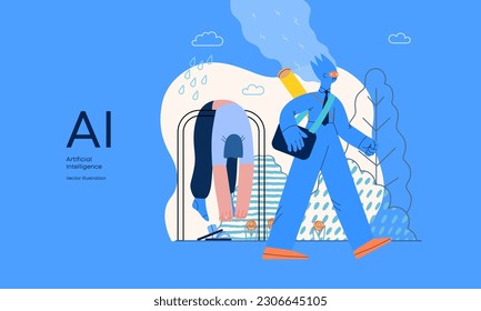 Artificial intelligence illustration. Job -modern flat vector concept illustration -AI going to work instead of human, upset woman stays home. AI metaphor, advantage, superiority and dominance concept