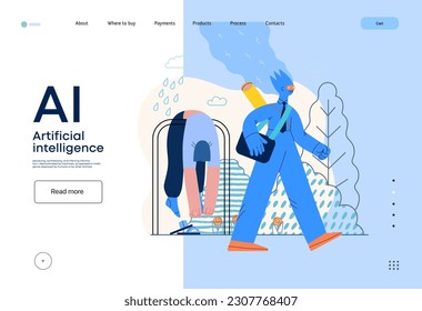 Artificial intelligence illustration. Job -modern flat vector concept illustration -AI going to work instead of human, upset woman stays home. AI metaphor, advantage, superiority and dominance concept