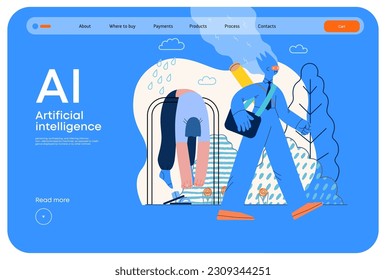 Artificial intelligence illustration. Job -modern flat vector concept illustration -AI going to work instead of human, upset woman stays home. AI metaphor, advantage, superiority and dominance concept