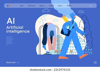 Artificial intelligence illustration. Job -modern flat vector concept illustration -AI going to work instead of human, upset woman stays home. AI metaphor, advantage, superiority and dominance concept