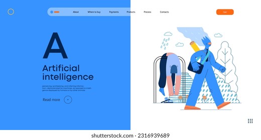 Artificial intelligence illustration. Job -modern flat vector concept illustration -AI going to work instead of human, upset woman stays home. AI metaphor, advantage, superiority and dominance concept