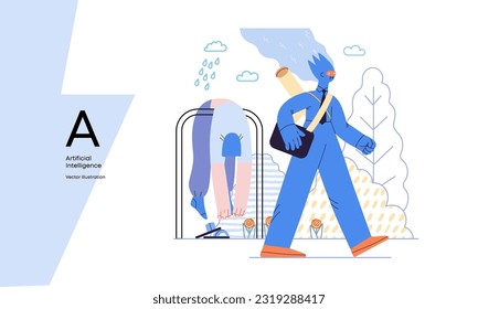 Artificial intelligence illustration. Job -modern flat vector concept illustration -AI going to work instead of human, upset woman stays home. AI metaphor, advantage, superiority and dominance concept