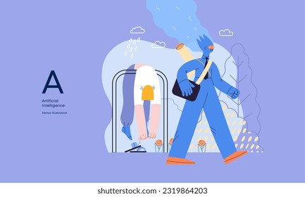 Artificial intelligence illustration. Job -modern flat vector concept illustration -AI going to work instead of human, upset woman stays home. AI metaphor, advantage, superiority and dominance concept