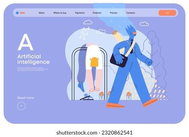 Artificial intelligence illustration. Job -modern flat vector concept illustration -AI going to work instead of human, upset woman stays home. AI metaphor, advantage, superiority and dominance concept