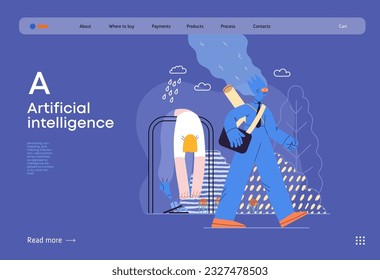 Artificial intelligence illustration. Job -modern flat vector concept illustration -AI going to work instead of human, upset woman stays home. AI metaphor, advantage, superiority and dominance concept