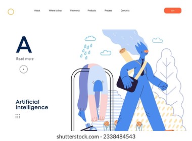 Artificial intelligence illustration. Job -modern flat vector concept illustration -AI going to work instead of human, upset woman stays home. AI metaphor, advantage, superiority and dominance concept