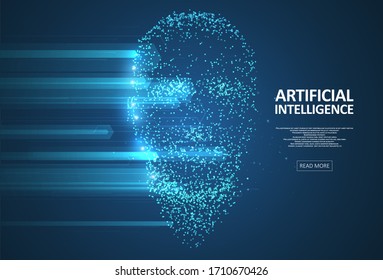 Artificial Intelligence illustration. Artificial intelligence and machine learning concept. Digital computer code of robot face. Graphic concept for your design
