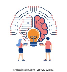 Artificial Intelligence Illustration of People in Network Searching for Ideas and Knowledge with Brain and Light Symbols