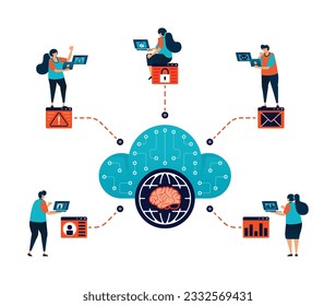 Artificial intelligence illustration of people try to get many work done by multitasking ai network cloud program. Storage server backup with ai. Can be used for mobile app website web flyer poster ad