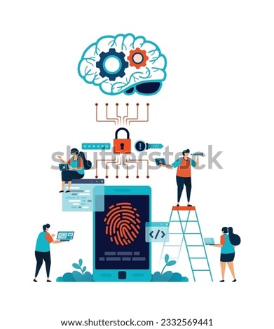 Artificial intelligence illustration of protection authentication of mobile phone access with connected fingerprints with added security by AI. Can be used for mobile app website web flyer poster ad