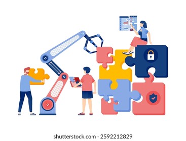 Artificial Intelligence Illustration with Robots and People Solving Security System Problems Using Puzzles