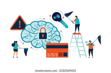 Artificial intelligence illustration of securing and protecting credit card banking user personal data from bugs and error using AI tech program. Can be used for mobile app website web flyer poster ad