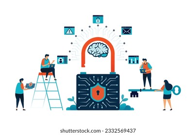 Artificial intelligence illustration of security, protection and defense with AI on network data communication. warning alert with AI technology. Can be used for mobile app website web flyer poster ad