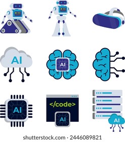 Artificial intelligence illustration set. Vector illustration. Containing brain, decision, artificial intelligence, brainstorming, machine learning, assistant, connection, bot.