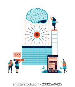 Artificial intelligence illustration of solving accounting, tax and spreadsheet problems using AI technology connected to online data network. Can be used for mobile app website web flyer poster ad