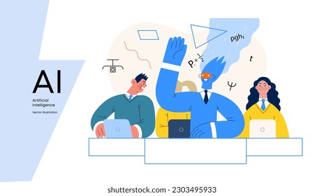 Artificial intelligence illustration. Studies -modern flat vector concept illustration of a group of students in the class. AI metaphor, advantage, superiority and dominance concept