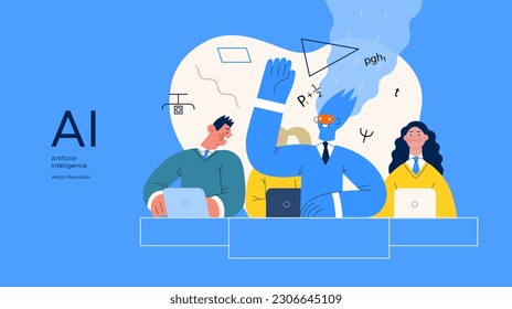 Artificial intelligence illustration. Studies -modern flat vector concept illustration of a group of students in the class. AI metaphor, advantage, superiority and dominance concept