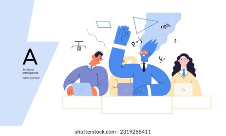 Artificial intelligence illustration. Studies -modern flat vector concept illustration of a group of students in the class. AI metaphor, advantage, superiority and dominance concept
