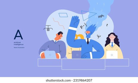Artificial intelligence illustration. Studies -modern flat vector concept illustration of a group of students in the class. AI metaphor, advantage, superiority and dominance concept