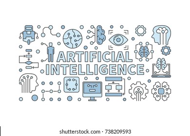 Artificial intelligence illustration. Vector minimal AI and computer brain horizontal banner on white background