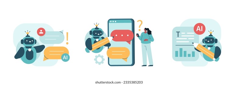 Artificial intelligence illustrations set. Collections of scenes with character communicating to AI chat bot. Neural network technology concept. Vector illustration