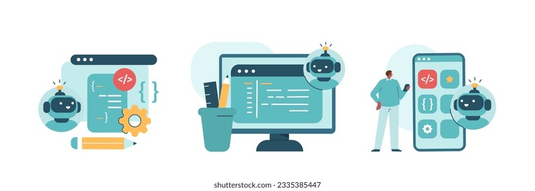 Artificial intelligence illustrations set. Collections of scenes with character using  AI chat bot for writing programming code. Neural network technology concept. Vector illustration